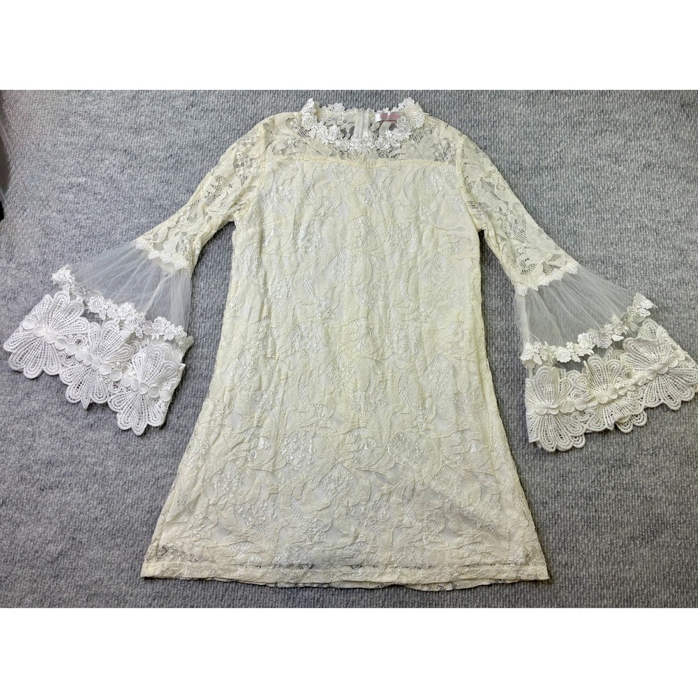 JJ's Fairyland Ivory Lace Bell Sleeve Dress Large L Boho Cottagecore Floral
